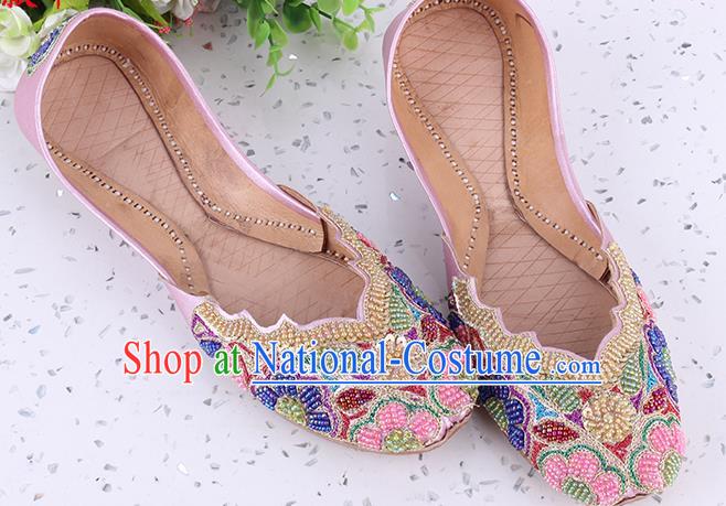 Indian Folk Dance Shoes Asian Handmade Embroidery Beads Pink Shoes Traditional Court Leather Shoes