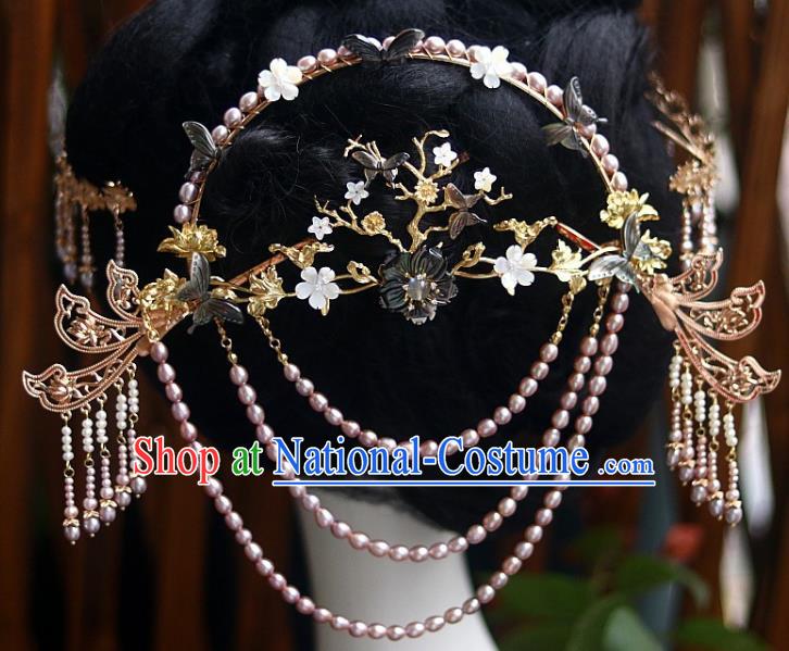 Chinese Ancient Empress Back Hairpin Traditional Ming Dynasty Court Woman Pearls Tassel Hair Crown