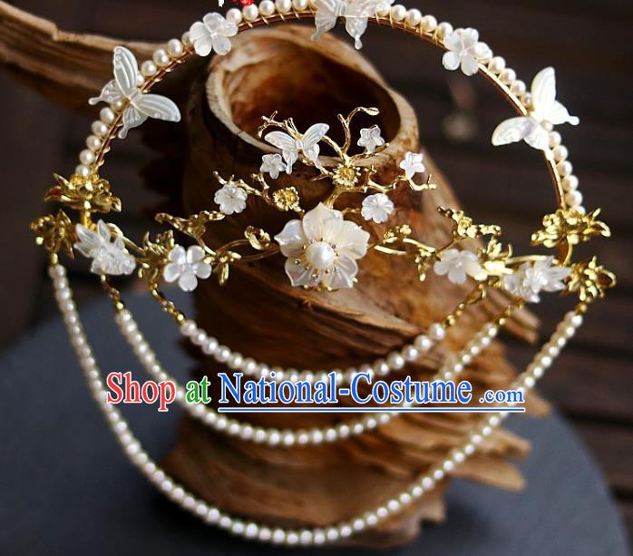 Chinese Ancient Empress White Shell Plum Hairpin Traditional Ming Dynasty Pearls Tassel Back Hair Crown