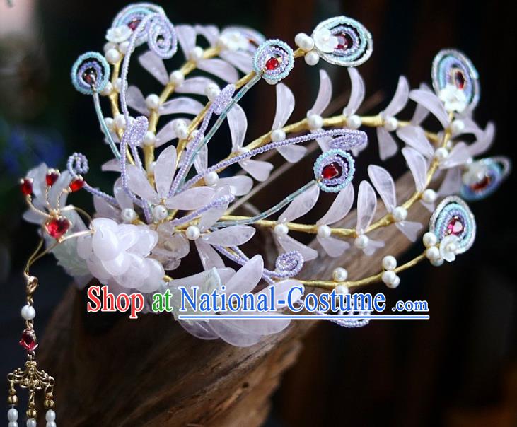 Chinese Ancient Empress Pearls Tassel Hairpin Traditional Ming Dynasty Pink Quartz Phoenix Hair Crown