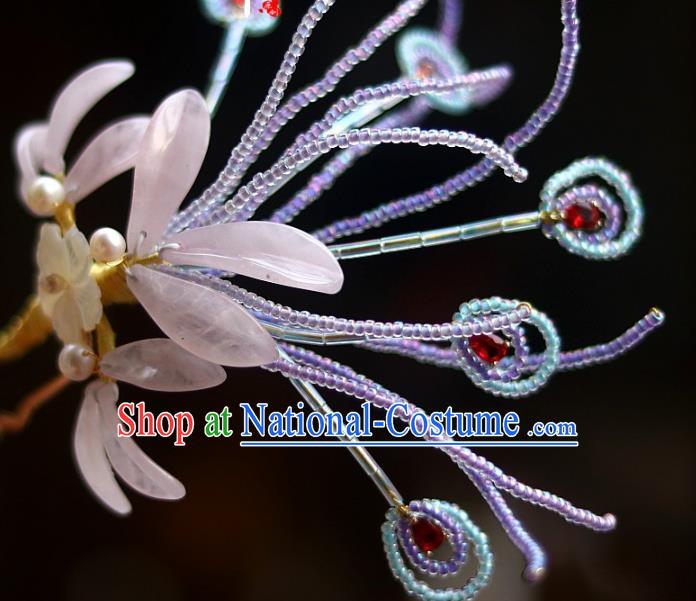 Chinese Ancient Empress Purple Beads Hairpin Traditional Ming Dynasty Pink Quartz Orchids Hair Stick