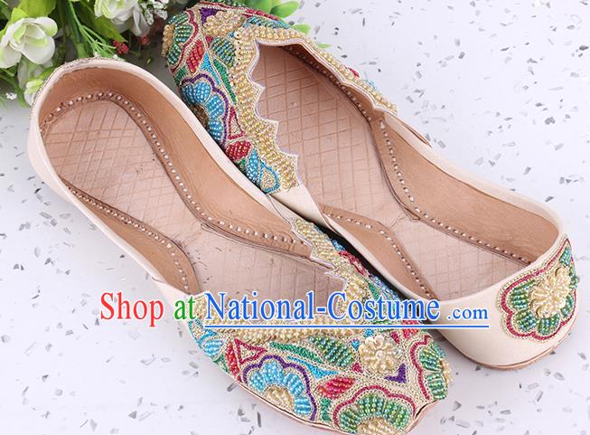 Indian Traditional Court Leather Shoes Asian Folk Dance Shoes Handmade Embroidery Beads Apricot Shoes