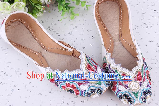 Indian Handmade Embroidery Beads White Shoes Traditional Court Leather Shoes Asian Folk Dance Shoes