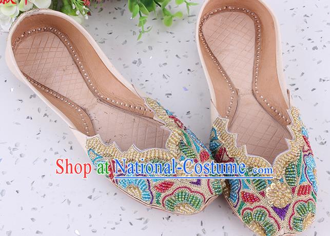 Indian Traditional Court Leather Shoes Asian Folk Dance Shoes Handmade Embroidery Beads Apricot Shoes