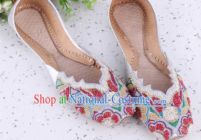 Asian Folk Dance Shoes Indian Handmade Embroidery Beads Argent Shoes Traditional Court Leather Shoes