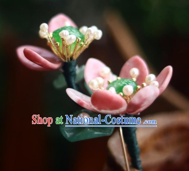 Chinese Ancient Princess Pearls Hairpin Traditional Song Dynasty Pink Flowers Hair Stick