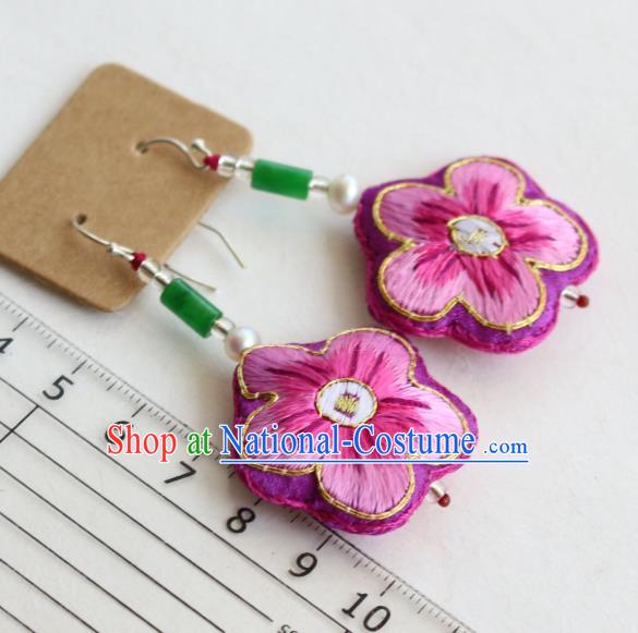 China Classical Cheongsam Pearl Ear Jewelry Handmade National Embroidered Rosy Plum Earrings