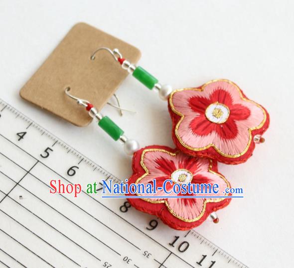 China Classical Cheongsam Embroidered Red Plum Ear Jewelry Handmade National Jade Earrings