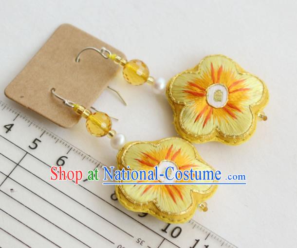 China Classical Ear Jewelry Handmade National Cheongsam Embroidered Yellow Plum Earrings