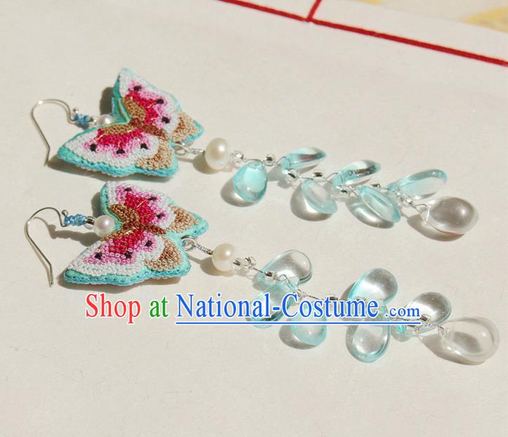 China Classical Cheongsam Tassel Ear Jewelry Handmade National Embroidered Butterfly Earrings