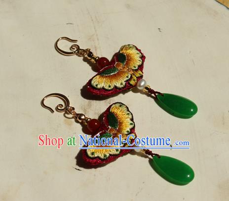 China Classical Cheongsam Embroidered Butterfly Ear Jewelry Handmade National Pearl Jade Earrings