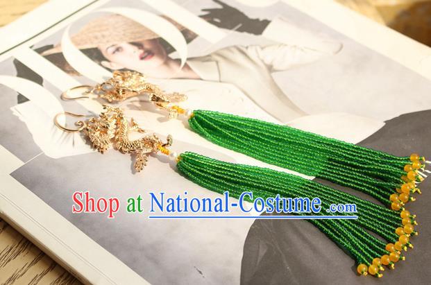 China Classical Cheongsam Golden Dragon Ear Jewelry Handmade National Green Beads Tassel Earrings