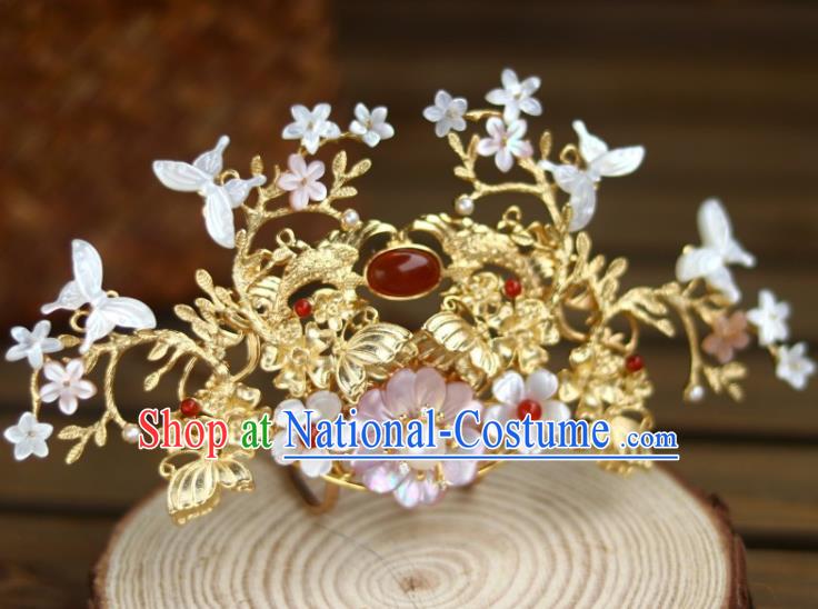 Chinese Ancient Queen Shell Butterfly Hairpin Traditional Song Dynasty Empress Golden Hair Crown