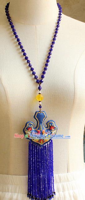 China Handmade Royalblue Beads Tassel Necklet Accessories Traditional Cheongsam Embroidered Sachet Necklace