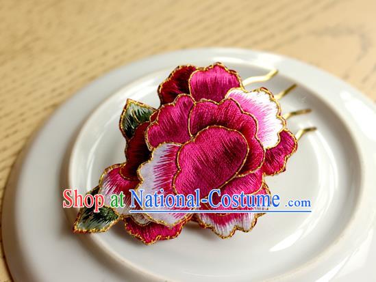 China Classical Cheongsam Hair Accessories Handmade National Embroidered Rosy Peony Hair Comb