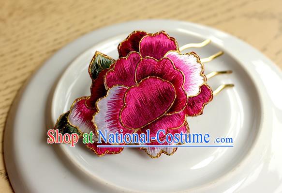 China Classical Cheongsam Hair Accessories Handmade National Embroidered Rosy Peony Hair Comb