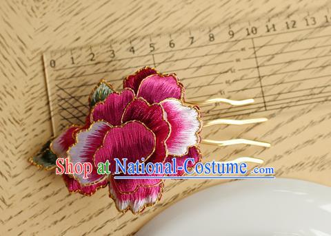 China Classical Cheongsam Hair Accessories Handmade National Embroidered Rosy Peony Hair Comb