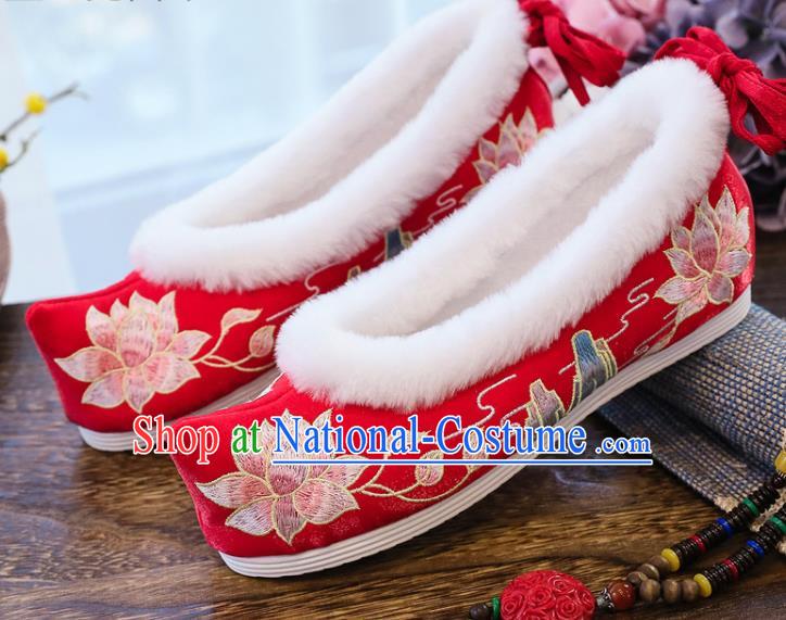 China National Winter Embroidered Lotus Shoes Traditional Wedding Red Satin Shoes Handmade Ming Dynasty Bow Shoes