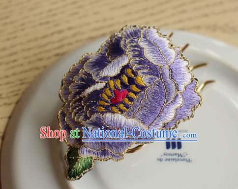 China Handmade National Embroidered Purple Peony Hair Comb Classical Cheongsam Hair Accessories