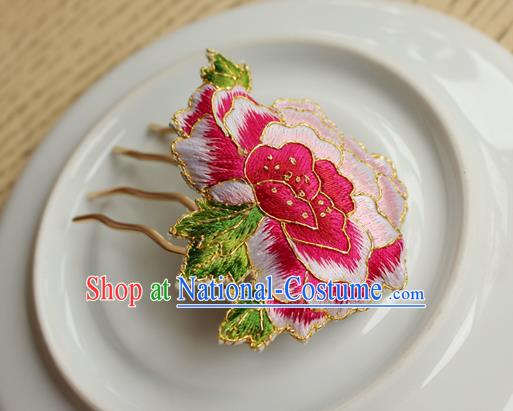 China Classical Cheongsam Hair Accessories National Handmade Embroidered Pink Peony Hair Comb