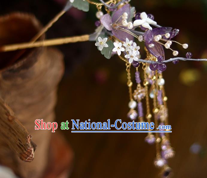 Chinese Ancient Princess Amethyst Flowers Tassel Hairpin Traditional Song Dynasty Court Shell Fragrans Hair Stick