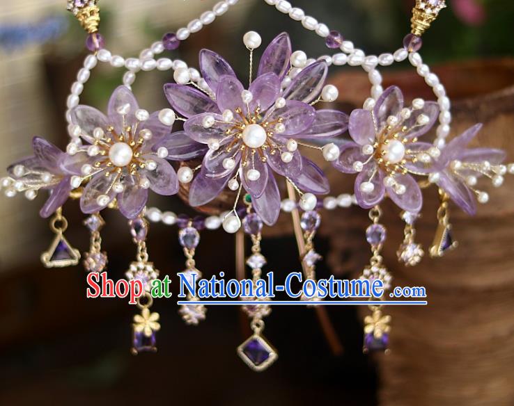 Chinese Ancient Empress Pearls Hairpin Traditional Song Dynasty Court Amethyst Chrysanthemum Hair Crown