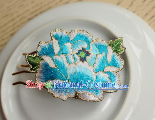 China Handmade National Embroidered Blue Peony Hair Comb Classical Cheongsam Hairpin