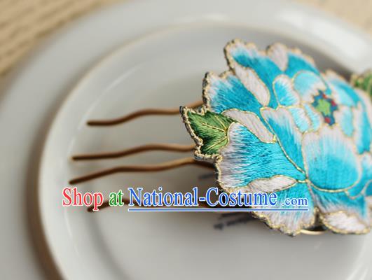 China Handmade National Embroidered Blue Peony Hair Comb Classical Cheongsam Hairpin