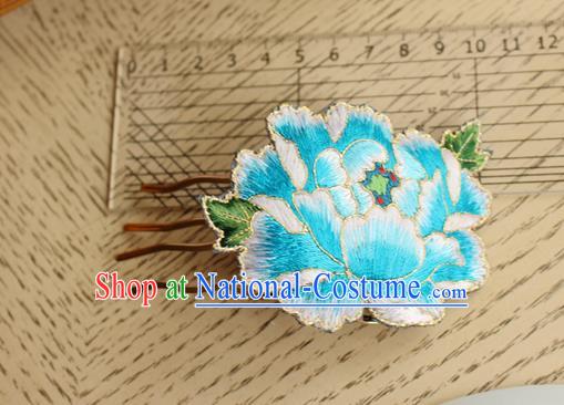 China Handmade National Embroidered Blue Peony Hair Comb Classical Cheongsam Hairpin