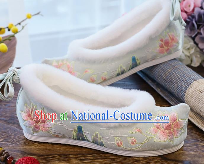 China Handmade Ming Dynasty Bow Shoes National Winter Embroidered Lotus Shoes Traditional Light Blue Shoes