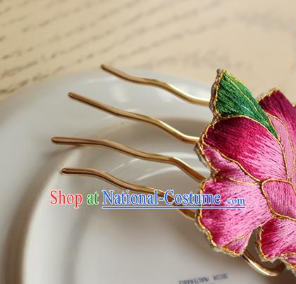 China Handmade Classical Cheongsam Hairpin National Embroidered Rosy Peony Hair Comb