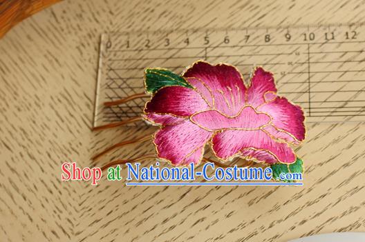 China Handmade Classical Cheongsam Hairpin National Embroidered Rosy Peony Hair Comb