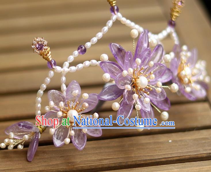 Chinese Ancient Empress Amethyst Chrysanthemum Hairpin Traditional Song Dynasty Court Pearls Hair Crown