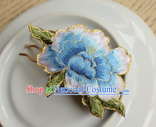 China Handmade Classical Cheongsam Hair Comb National Embroidered Light Blue Peony Hairpin