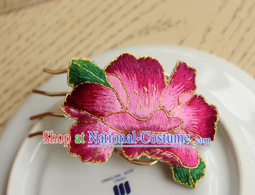 China Handmade Classical Cheongsam Hairpin National Embroidered Rosy Peony Hair Comb