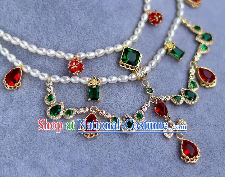 China Traditional Ming Dynasty Palace Lady Zircon Necklace Handmade Ancient Princess Pearls Necklet Accessories