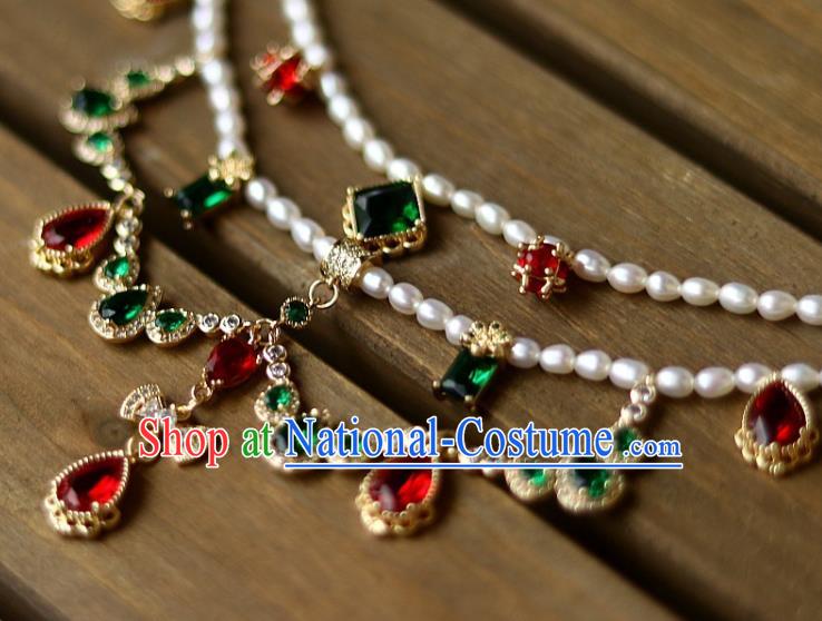 China Traditional Ming Dynasty Palace Lady Zircon Necklace Handmade Ancient Princess Pearls Necklet Accessories