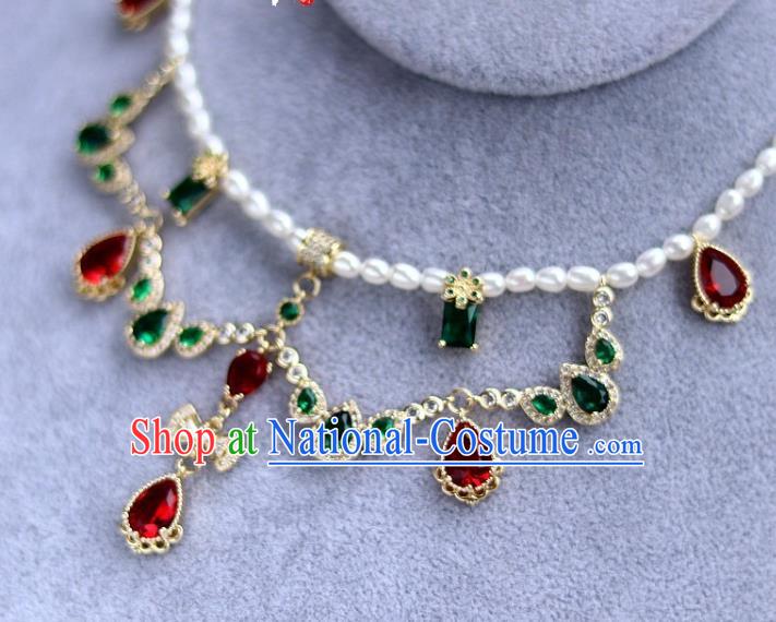 China Traditional Ming Dynasty Palace Lady Zircon Necklace Handmade Ancient Princess Pearls Necklet Accessories