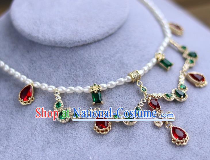 China Traditional Ming Dynasty Palace Lady Zircon Necklace Handmade Ancient Princess Pearls Necklet Accessories