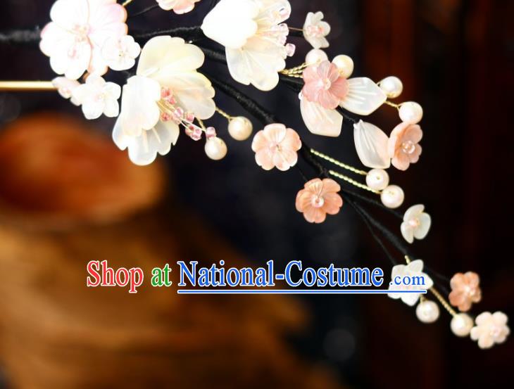 Chinese Ancient Princess White Shell Flowers Hairpin Traditional Song Dynasty Court Lady Pearls Hair Stick