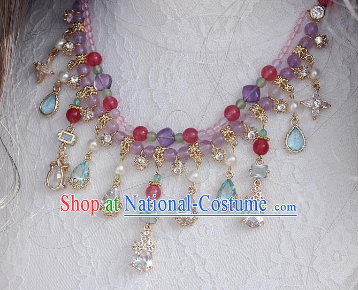 China Traditional Ming Dynasty Amethyst Necklace Handmade Ancient Princess Crystal Tassel Necklet Accessories