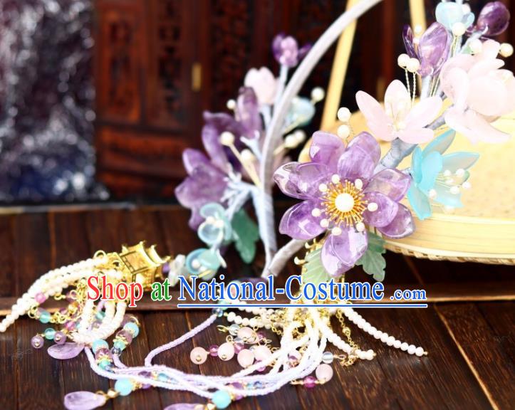 Chinese Ancient Princess Beads Tassel Hair Clasp Traditional Song Dynasty Court Amethyst Lotus Hair Crown