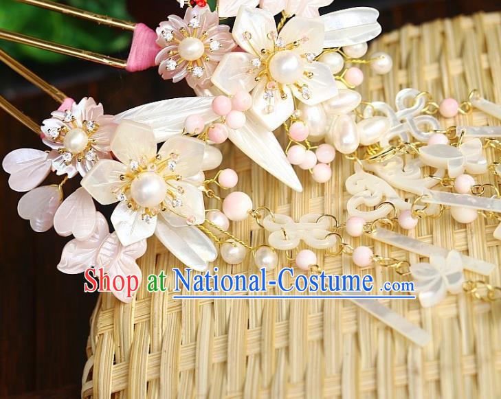 Chinese Ancient Princess Shell Tassel Hairpin Traditional Song Dynasty Court White Sakura Hair Stick