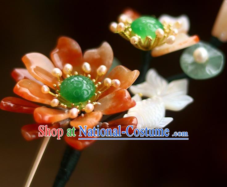 Chinese Ancient Queen Shell Goldfish Hairpin Traditional Song Dynasty Empress Red Lotus Hair Stick