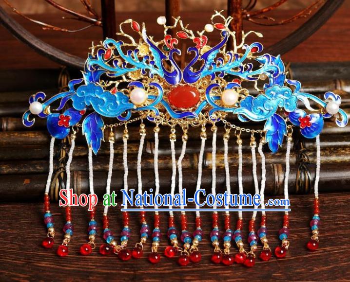 Chinese Ancient Palace Lady Beads Tassel Hairpin Traditional Ming Dynasty Imperial Concubine Blueing Phoenix Hair Crown