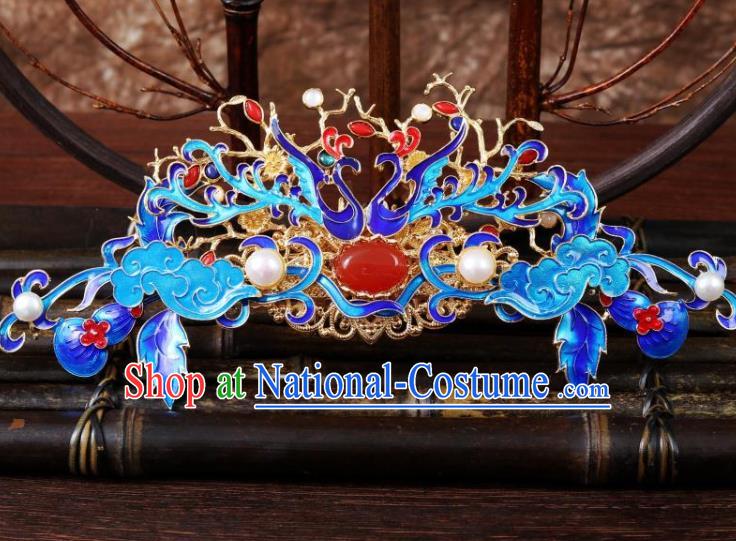 Chinese Ancient Empress Gems Hairpin Traditional Ming Dynasty Queen Blueing Phoenix Hair Crown