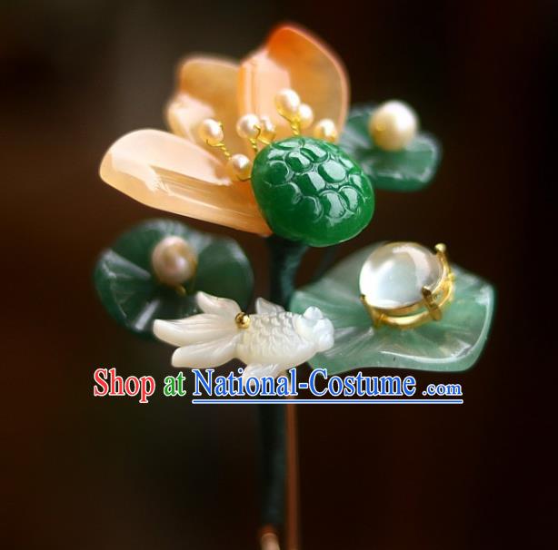 Chinese Ancient Princess Jade Lotus Leaf Hairpin Traditional Song Dynasty Palace Lady Goldfish Hair Stick