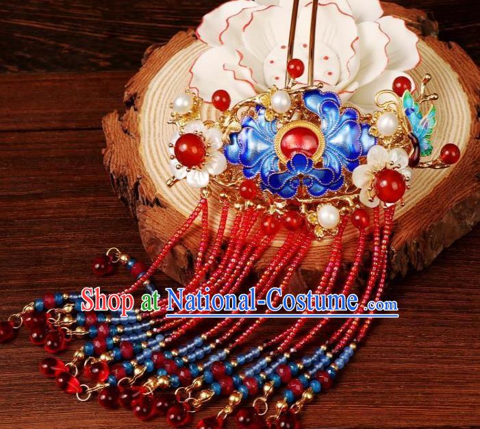 Chinese Ancient Imperial Consort Blueing Peony Hairpin Traditional Ming Dynasty Empress Red Beads Tassel Hair Stick