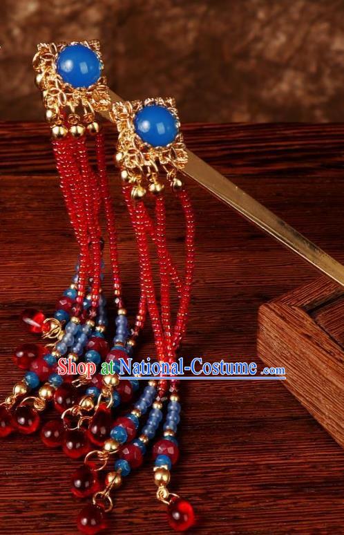 Chinese Ancient Princess Hairpin Traditional Ming Dynasty Wedding Red Beads Tassel Hair Stick