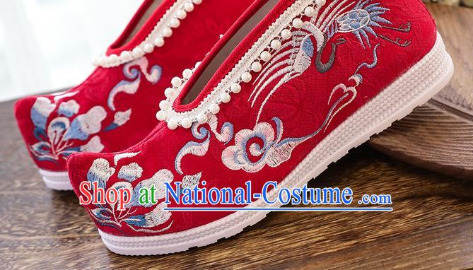 China Ancient Ming Dynasty Shoes National Embroidered Crane Red Shoes Traditional Hanfu Pearls Shoes